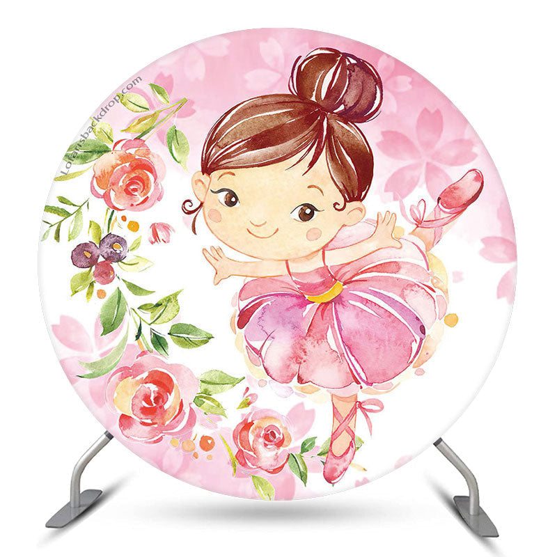 Aperturee Ballerina Girls Party Floral Round Backdrop Cover