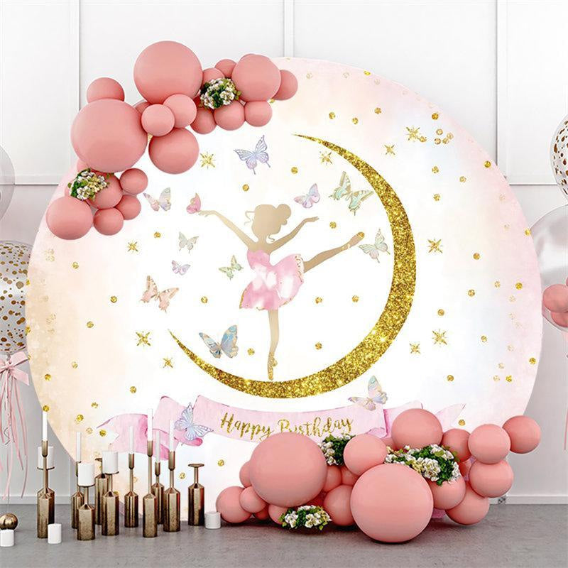 Aperturee Ballet With Butterfly Glitter Round Birthday Backdrop