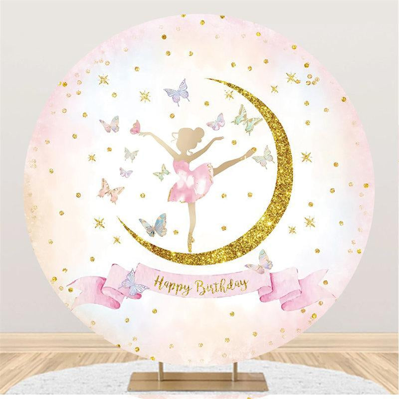 Aperturee Ballet With Butterfly Glitter Round Birthday Backdrop