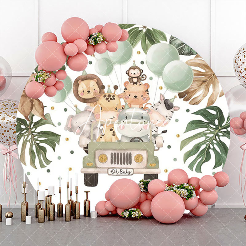 Aperturee - Balloon Animals Car Leaves Round Baby Shower Backdrop