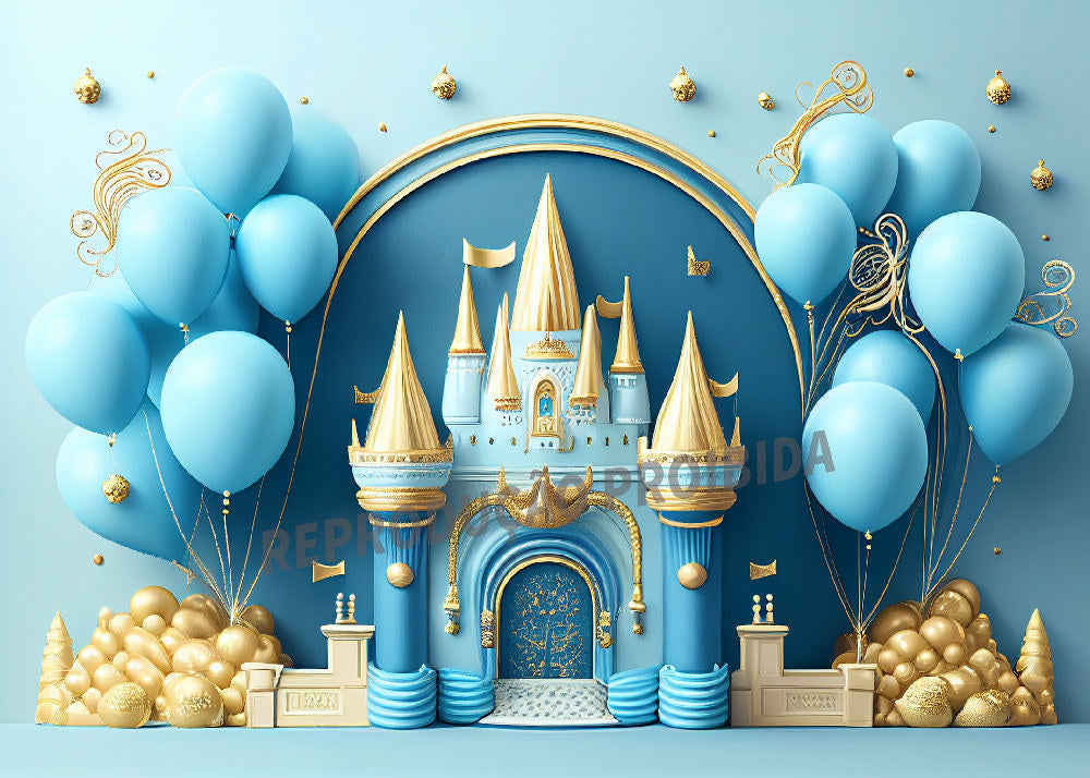 Aperturee - Balloon Blue Gold Castle Birthday Cake Smash Backdrop