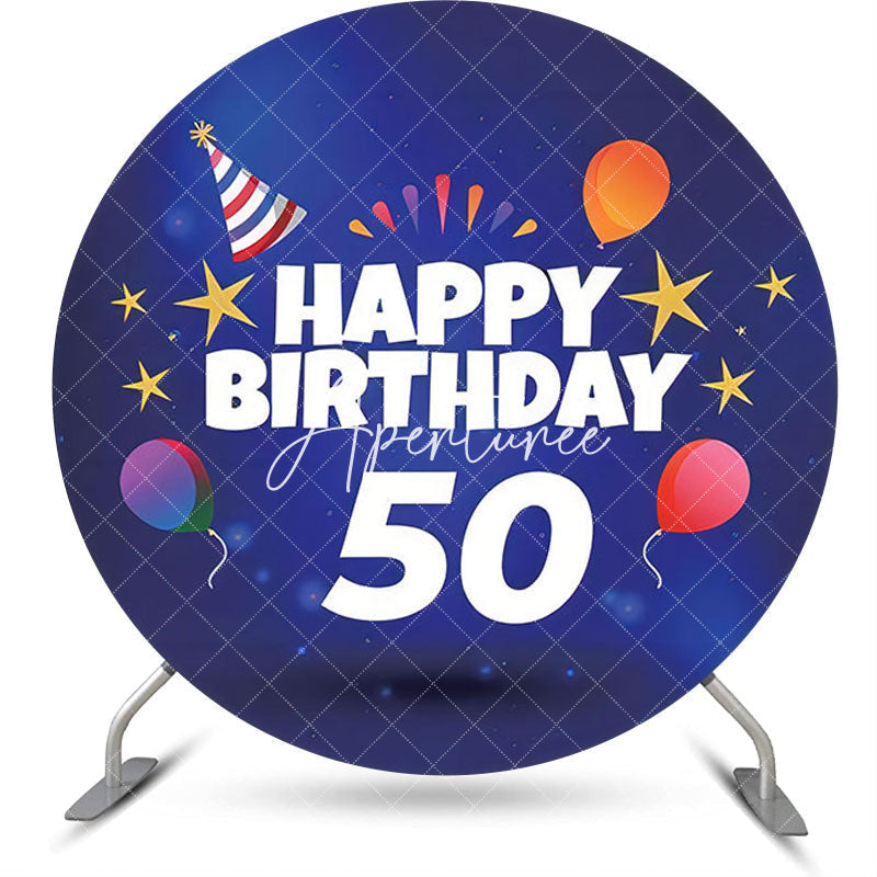 Aperturee - Balloon Gold Stars Blue Round 50th Birthday Backdrop