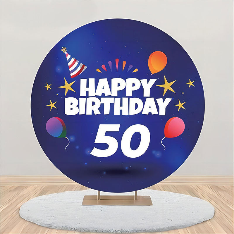 Aperturee - Balloon Gold Stars Blue Round 50th Birthday Backdrop