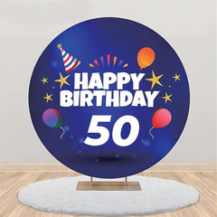 Aperturee - Balloon Gold Stars Blue Round 50th Birthday Backdrop