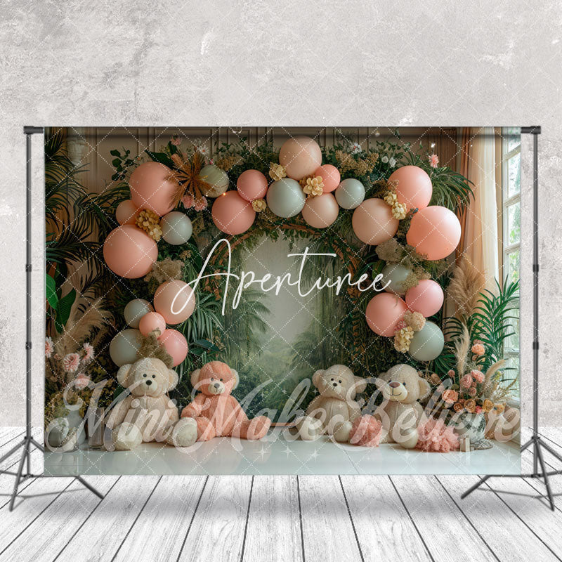 Aperturee - Balloon Greenery Bear Birthday Cake Smash Backdrop