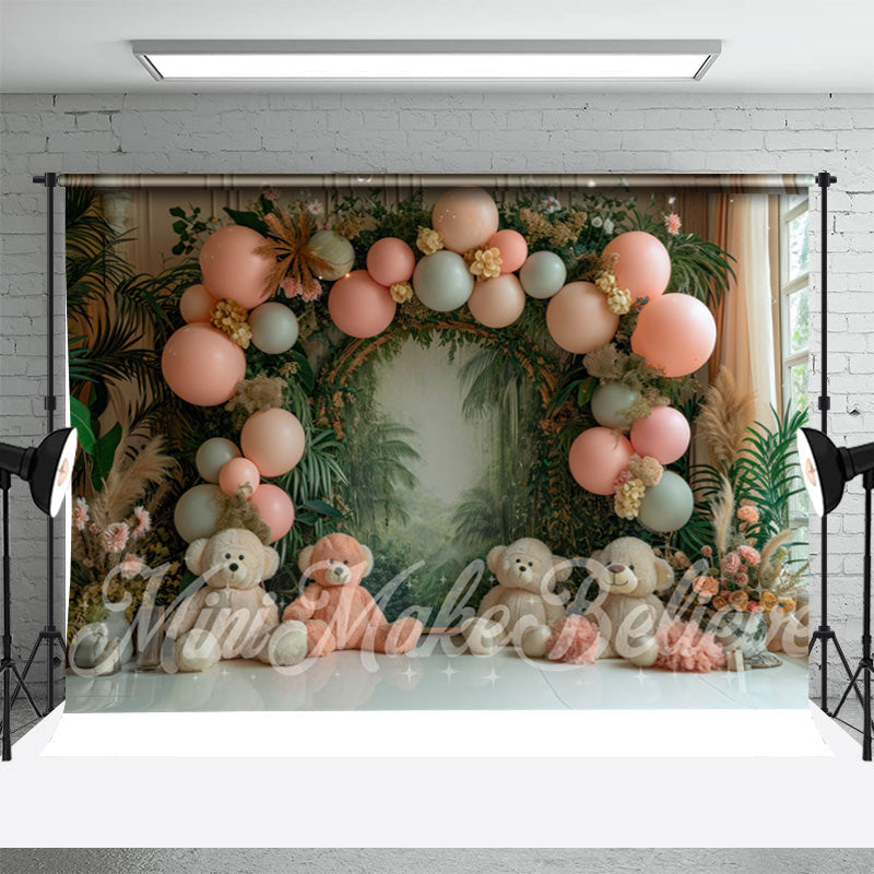 Aperturee - Balloon Greenery Bear Birthday Cake Smash Backdrop