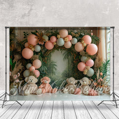 Aperturee - Balloon Greenery Bear Birthday Cake Smash Backdrop