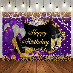 Aperturee - Balloons Leopard Purple Gold High Heels Birthday Backdrop for Women