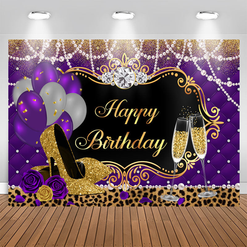 Aperturee - Balloons Leopard Purple Gold High Heels Birthday Backdrop for Women