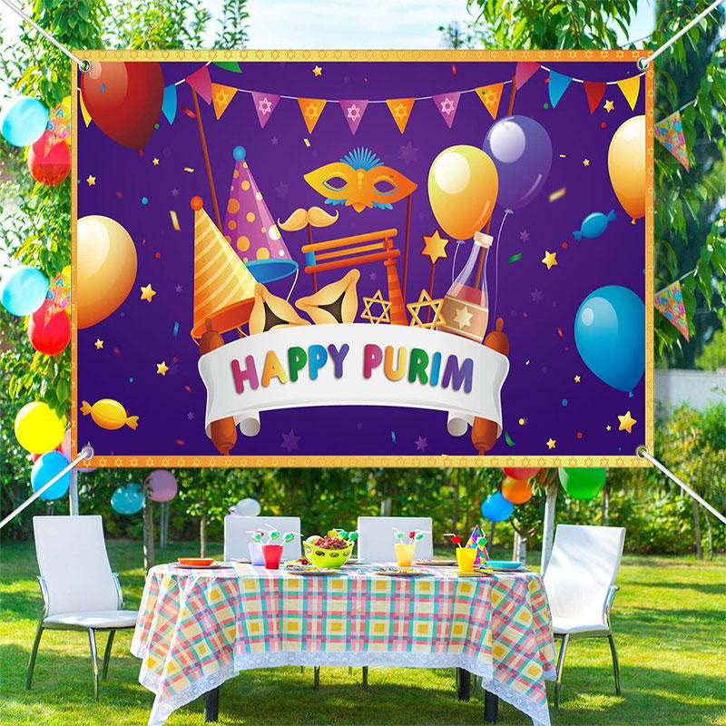 Aperturee - Balloons Masquerade Purple Happy Purim Backdrop