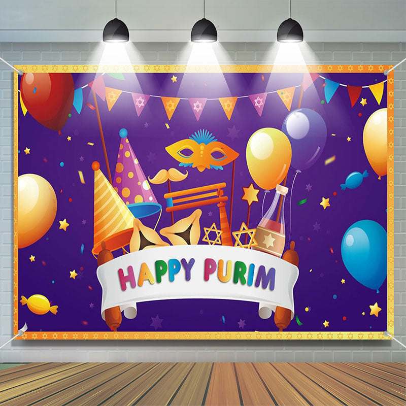 Aperturee - Balloons Masquerade Purple Happy Purim Backdrop