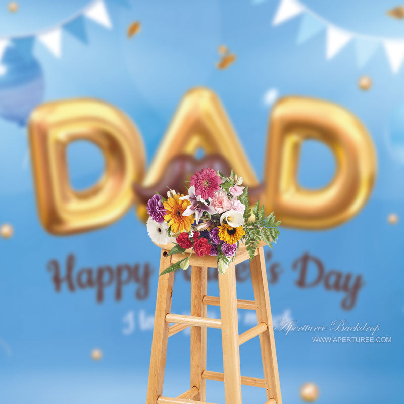 Aperturee - Balloons Moustache Blue Happy Fathers Day Backdrop