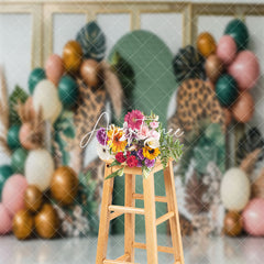 Aperturee - Balloons Tribal Monstera Leopard Cake Smash Backdrop