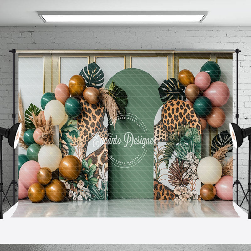 Aperturee - Balloons Tribal Monstera Leopard Cake Smash Backdrop