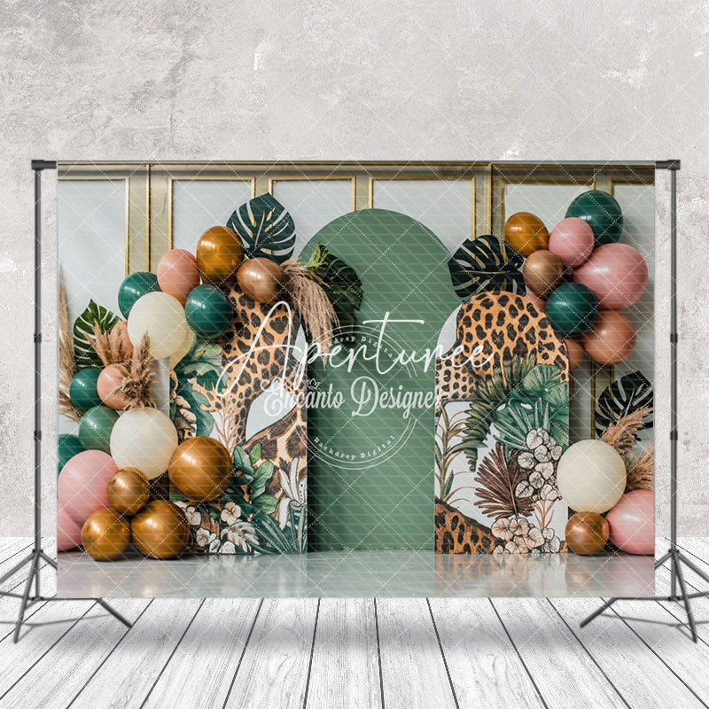 Aperturee - Balloons Tribal Monstera Leopard Cake Smash Backdrop