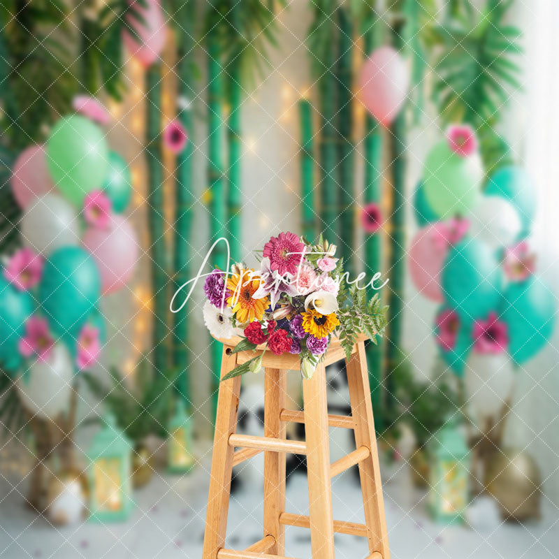 Aperturee - Bamboo Forest Panda Balloons Cake Smash Backdrop