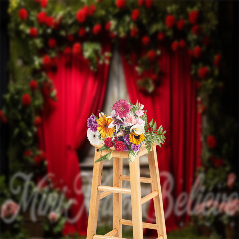 Aperturee - Barren Red Rose Curtain Shabby Wood Door Backdrop