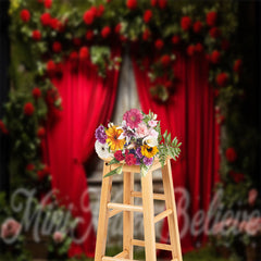 Aperturee - Barren Red Rose Curtain Shabby Wood Door Backdrop