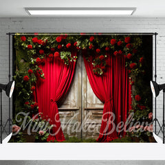 Aperturee - Barren Red Rose Curtain Shabby Wood Door Backdrop