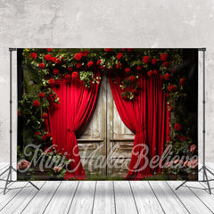 Aperturee - Barren Red Rose Curtain Shabby Wood Door Backdrop