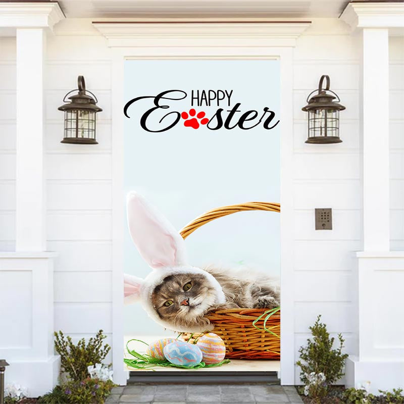 Aperturee - Basket Cat With Bunny Ears Happy Easter Door Cover