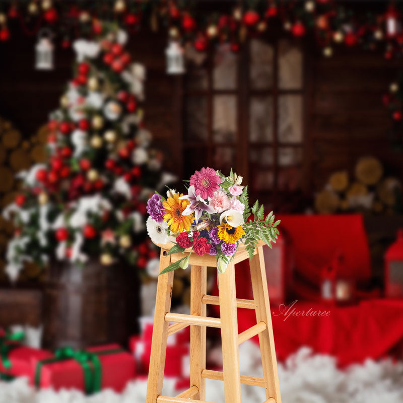 Aperturee - Baubles Tree Red Wood Photography Christmas Backdrop