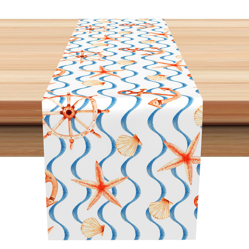 Aperturee - Beach Starfish Shells White Coastal Table Runner