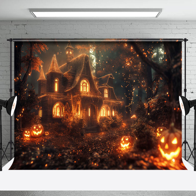 Aperturee - Beaming Pumpkins Castle Forest Halloween Backdrop