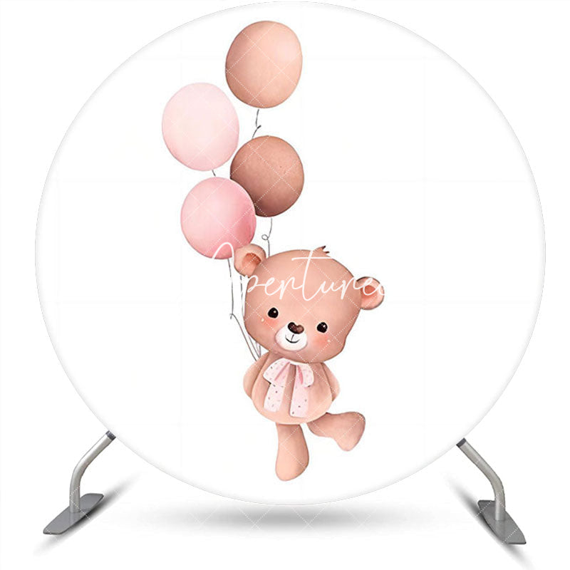 Aperturee - Bear Balloon Round Baby Shower Backdrop For Girls