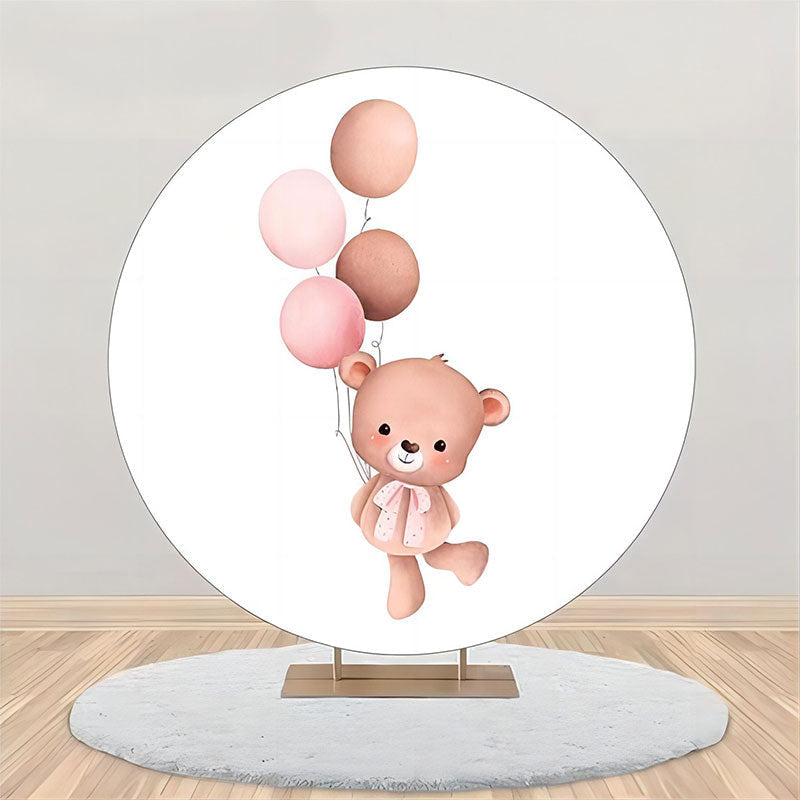 Aperturee - Bear Balloon Round Baby Shower Backdrop For Girls