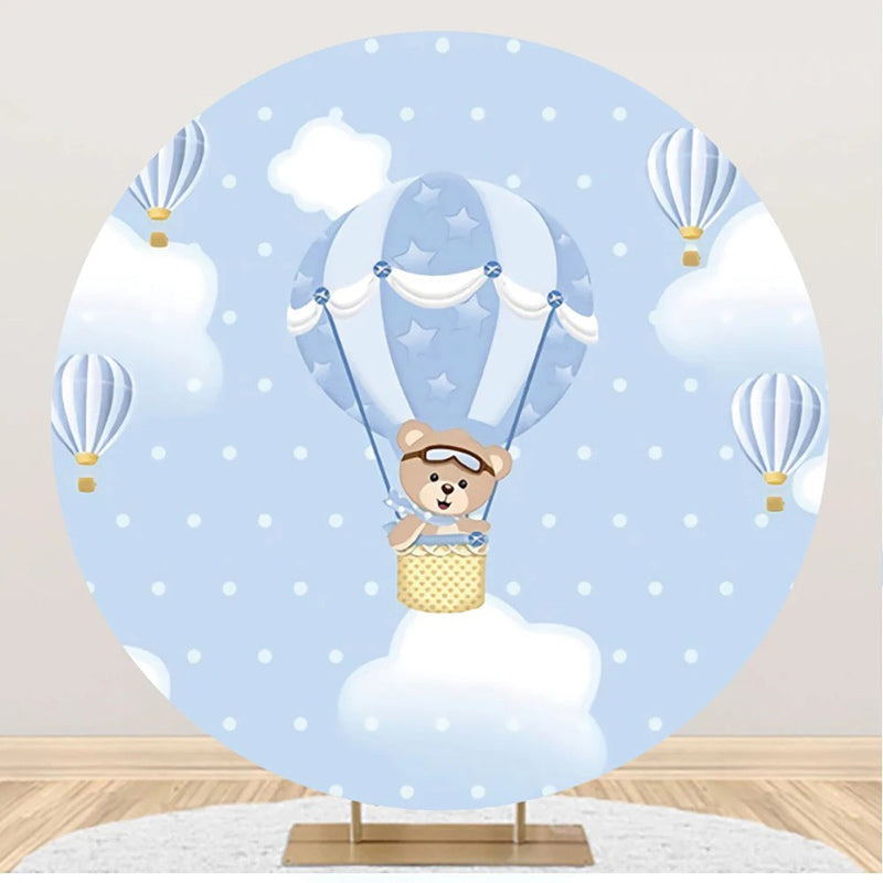 Aperturee - Bear Blue Air Balloon Dot Round Baby Shower Backdrop