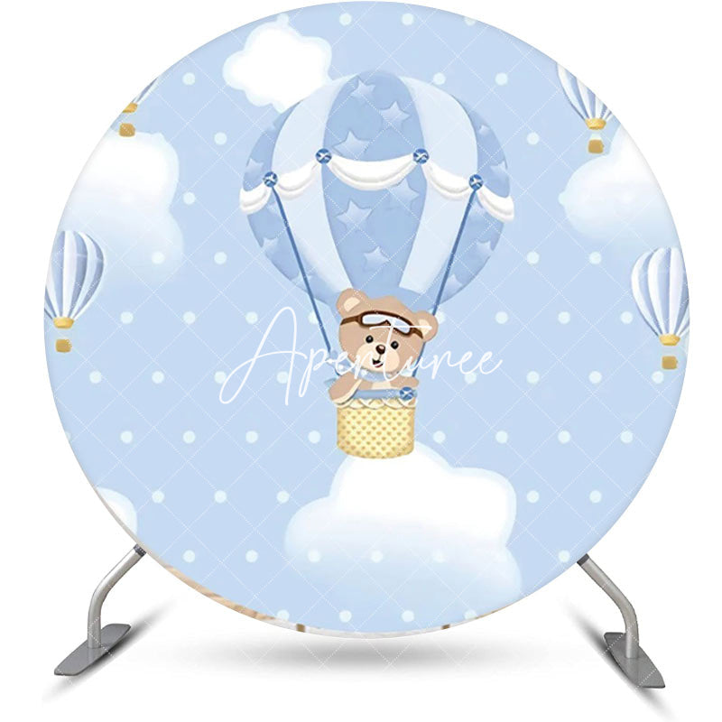 Aperturee - Bear Blue Air Balloon Dot Round Baby Shower Backdrop