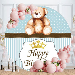 Aperturee - Bear Blue White Stripe Round Happy Birthday Backdrop