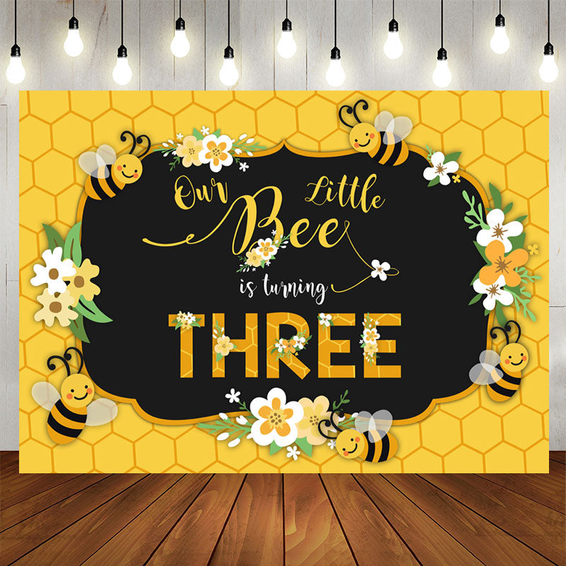 Aperturee - Bee Three Summer Yellow Happy 3Rd Birthday Backdrop