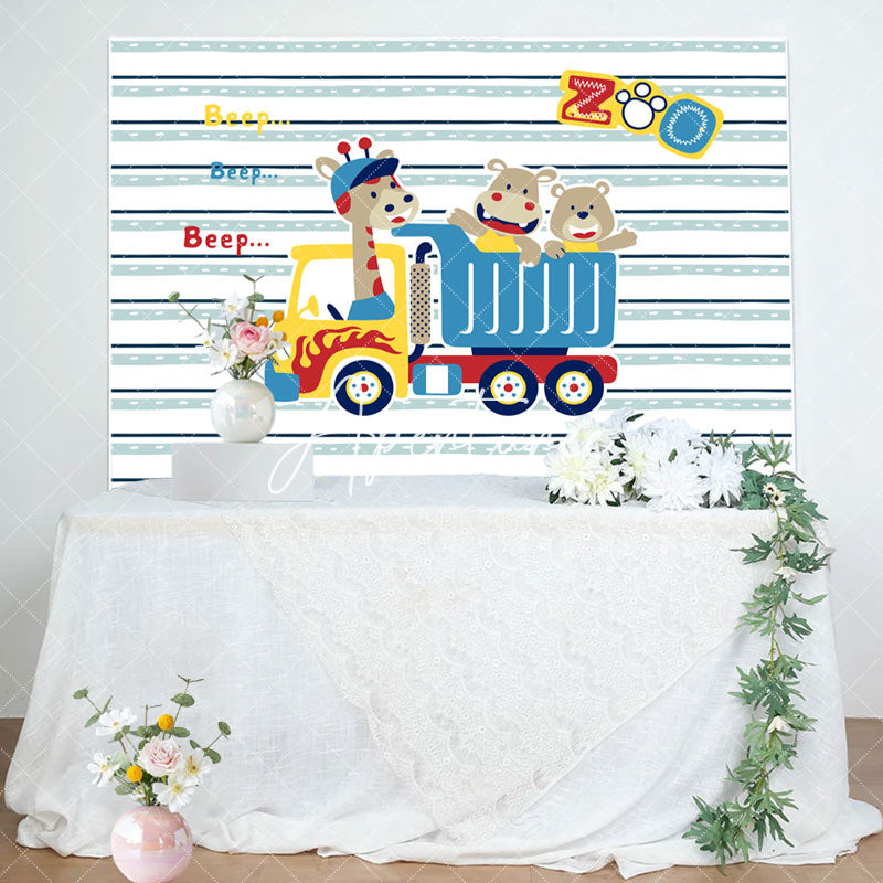 Aperturee - Beep Zoo Giraffa Bear Truck Stripe Birthday Backdrop