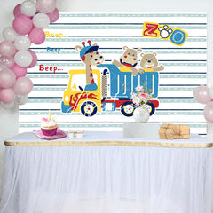 Aperturee - Beep Zoo Giraffa Bear Truck Stripe Birthday Backdrop