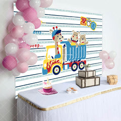 Aperturee - Beep Zoo Giraffa Bear Truck Stripe Birthday Backdrop