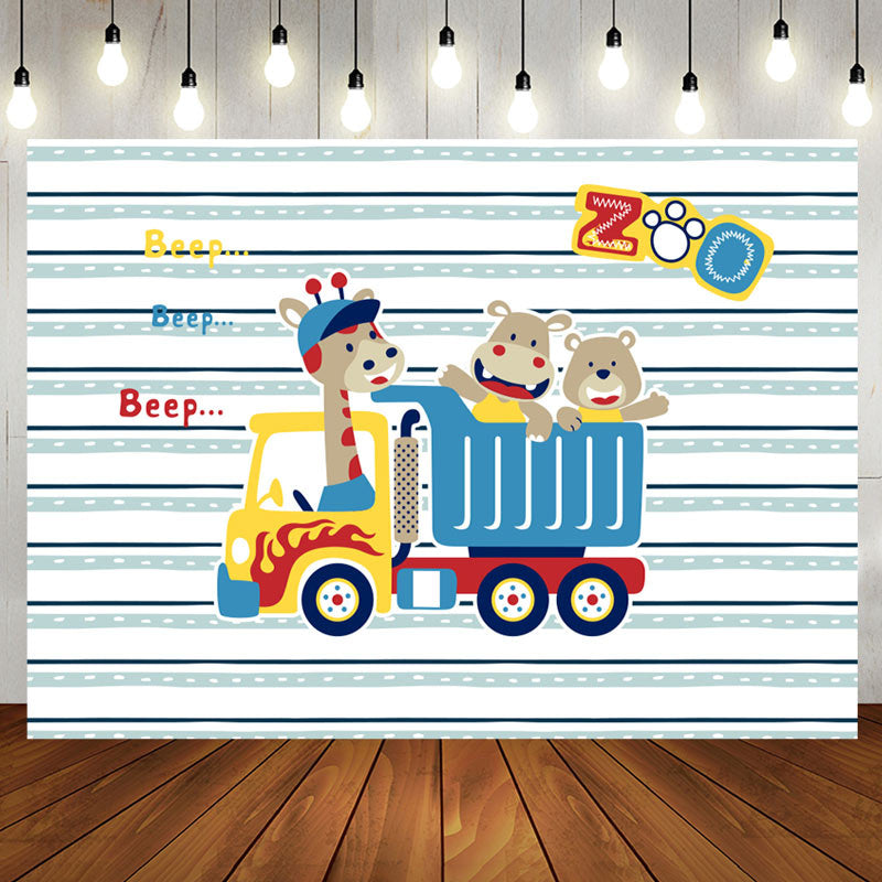 Aperturee - Beep Zoo Giraffa Bear Truck Stripe Birthday Backdrop