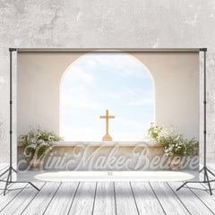 Aperturee - Beige Arched Wall Blue Sky Cross Easter Backdrop