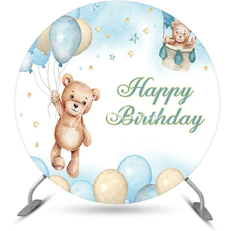 Aperturee - Beige Blue Balloon Bear Star Round Birthday Backdrop