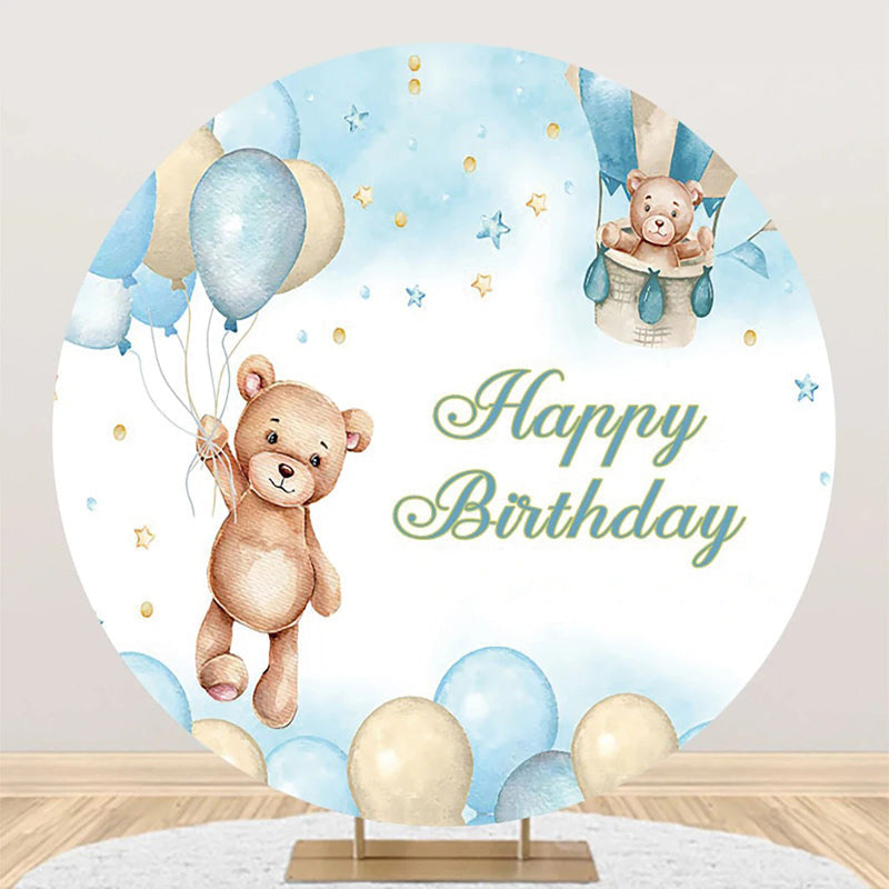 Aperturee - Beige Blue Balloon Bear Star Round Birthday Backdrop