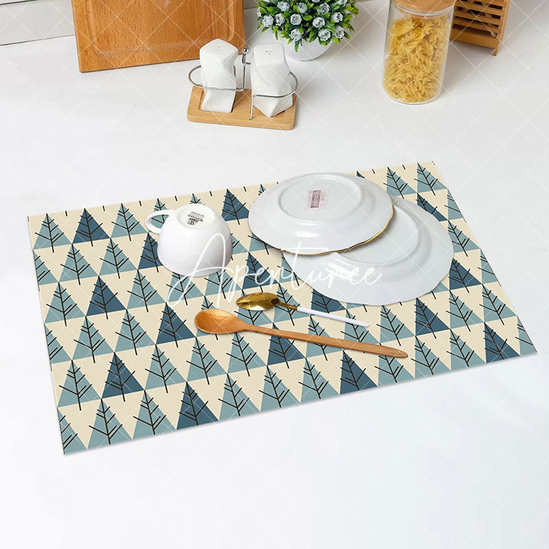 Aperturee - Beige Blue Tree Pattern Dining Set Of 4 Placemats