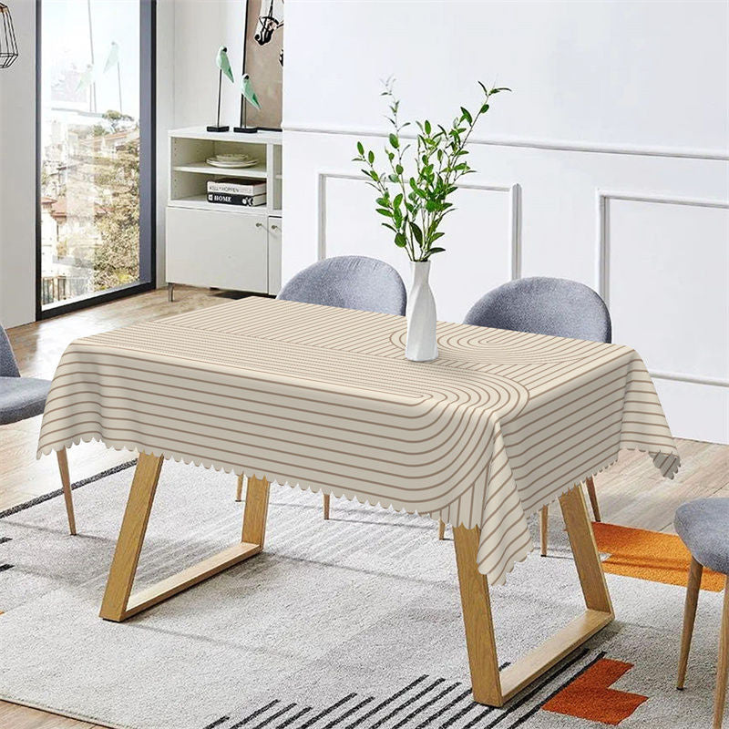 Aperturee - Beige Curved Stripes Dining Rectangle Tablecloth