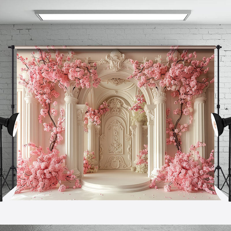 Aperturee - Beige Luxury Wall Trunk Pink Floral Wedding Backdrop