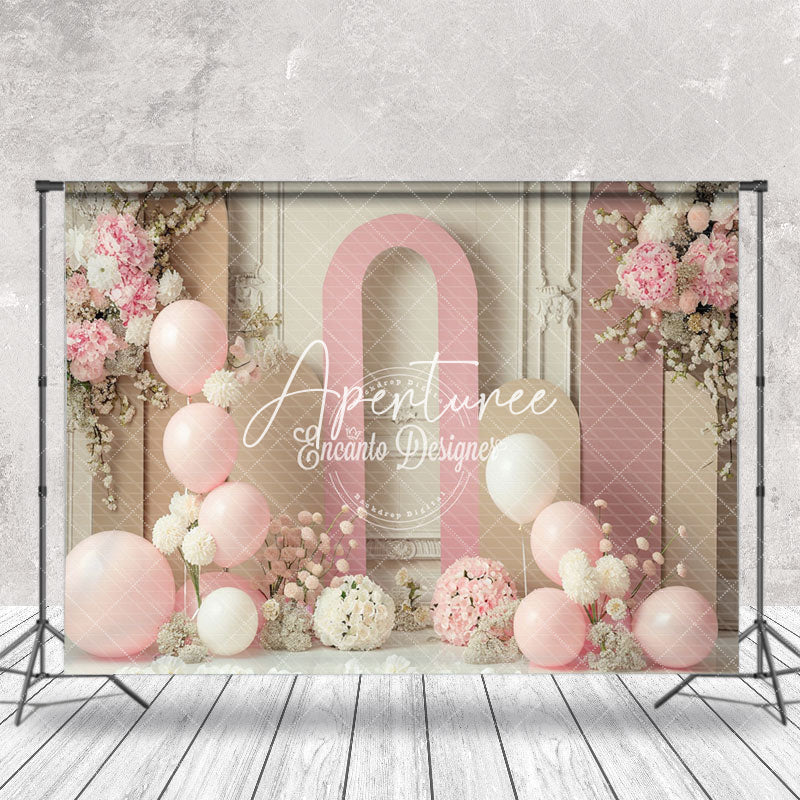 Aperturee - Beige Pink Balloons Floral Cake Smash Photo Backdrop