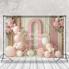 Aperturee - Beige Pink Balloons Floral Cake Smash Photo Backdrop