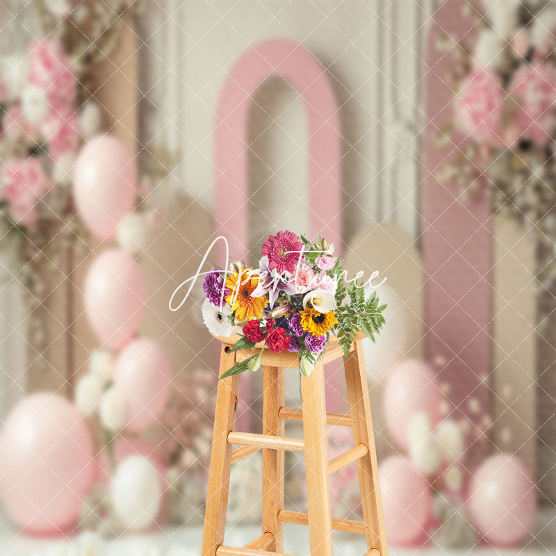 Aperturee - Beige Pink Balloons Floral Cake Smash Photo Backdrop