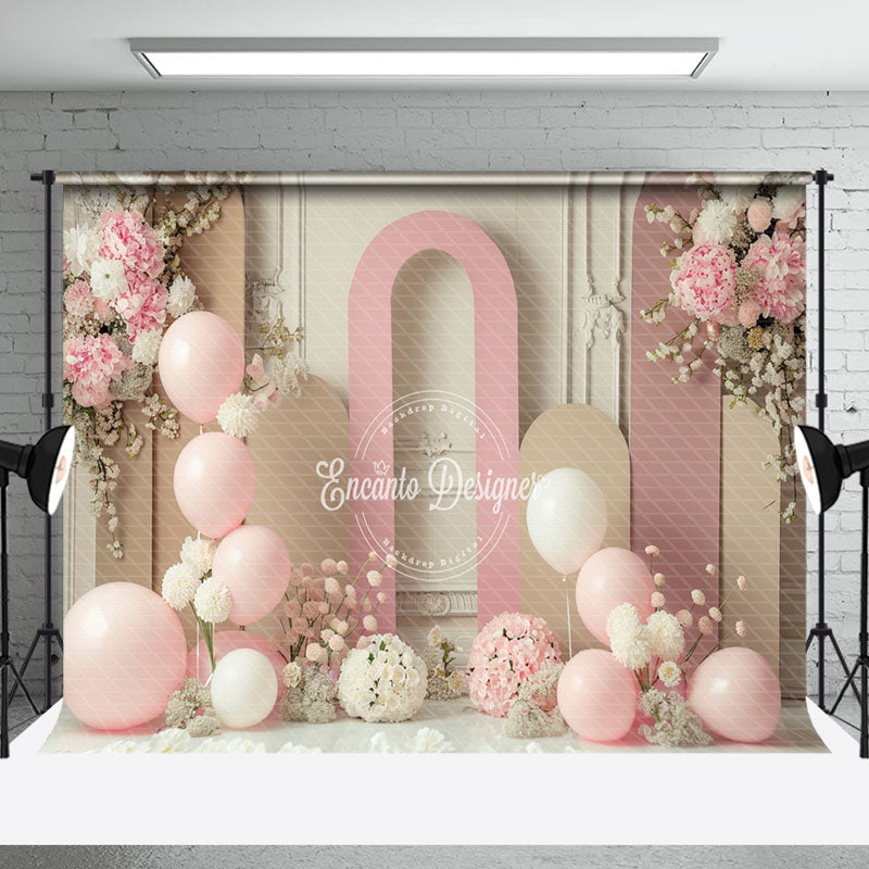 Aperturee - Beige Pink Balloons Floral Cake Smash Photo Backdrop