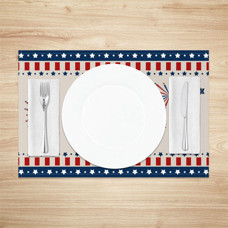 Aperturee - Beige Red Blue Usa Flag Stars Set Of 4 Placemats