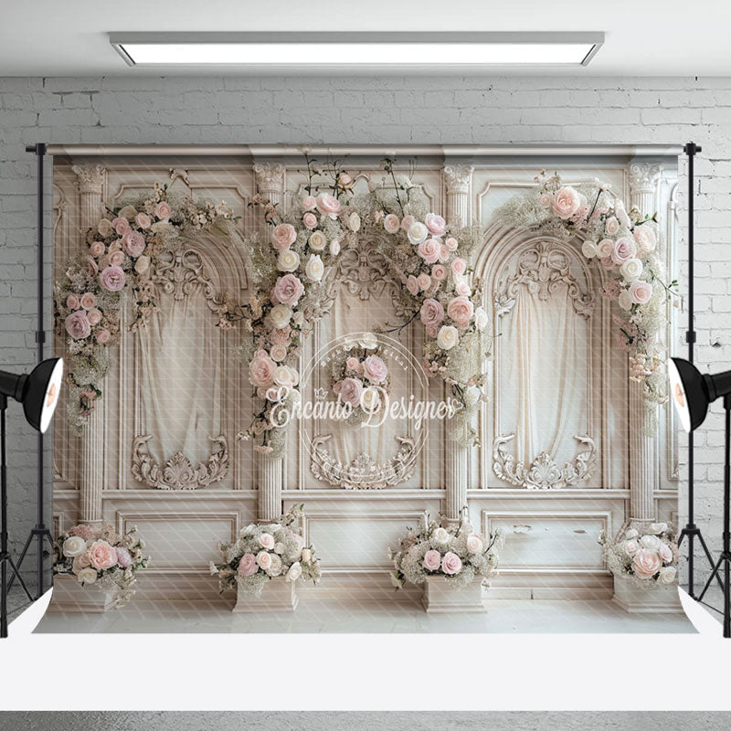 Aperturee - Beige Retro Luxury Wall Pink Floral Wedding Backdrop